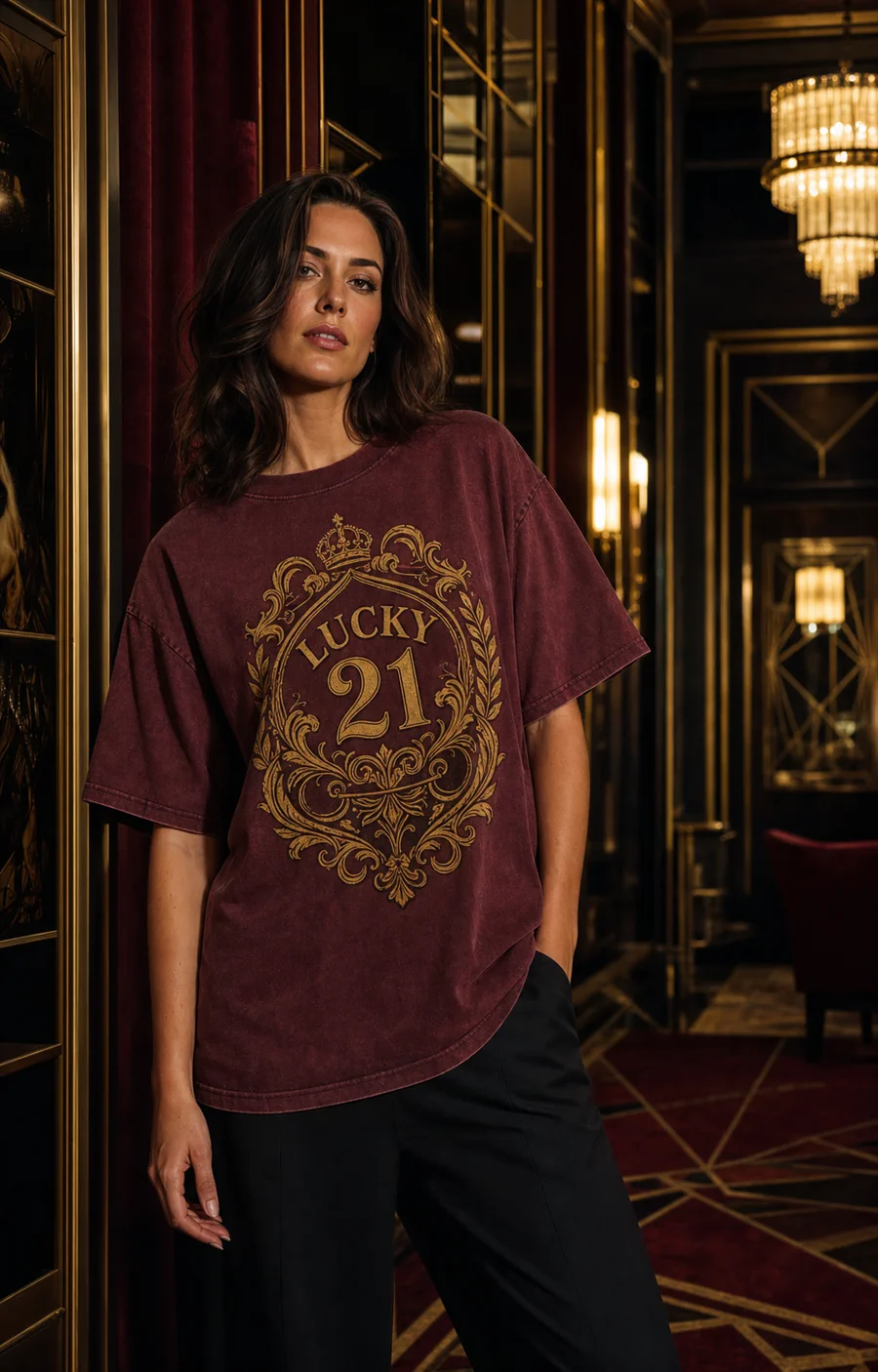 Adult model wearing an oxblood Lucky 21 casino-club T-shirt