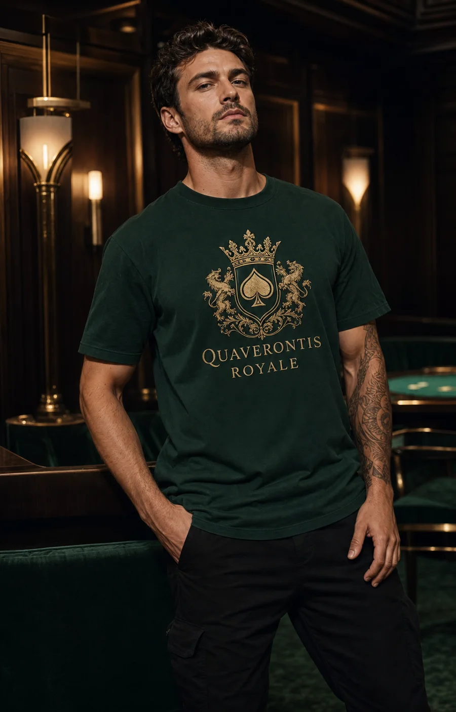 Adult model wearing an emerald Quaverontis Royale casino-club T-shirt